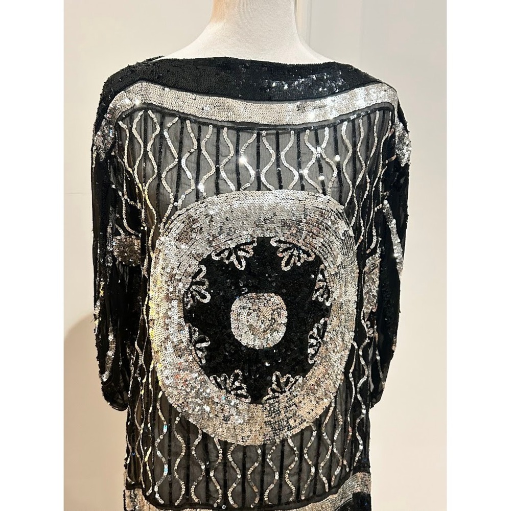 Vintage 1980's Bonwit Teller Black Silver Sequin Beaded Tunic Top Size M/L